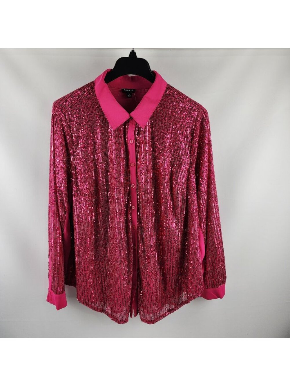 Torrid Shirt Womens 2X Pink  Peacock Madison Sequin Button Up Disco Party NWT